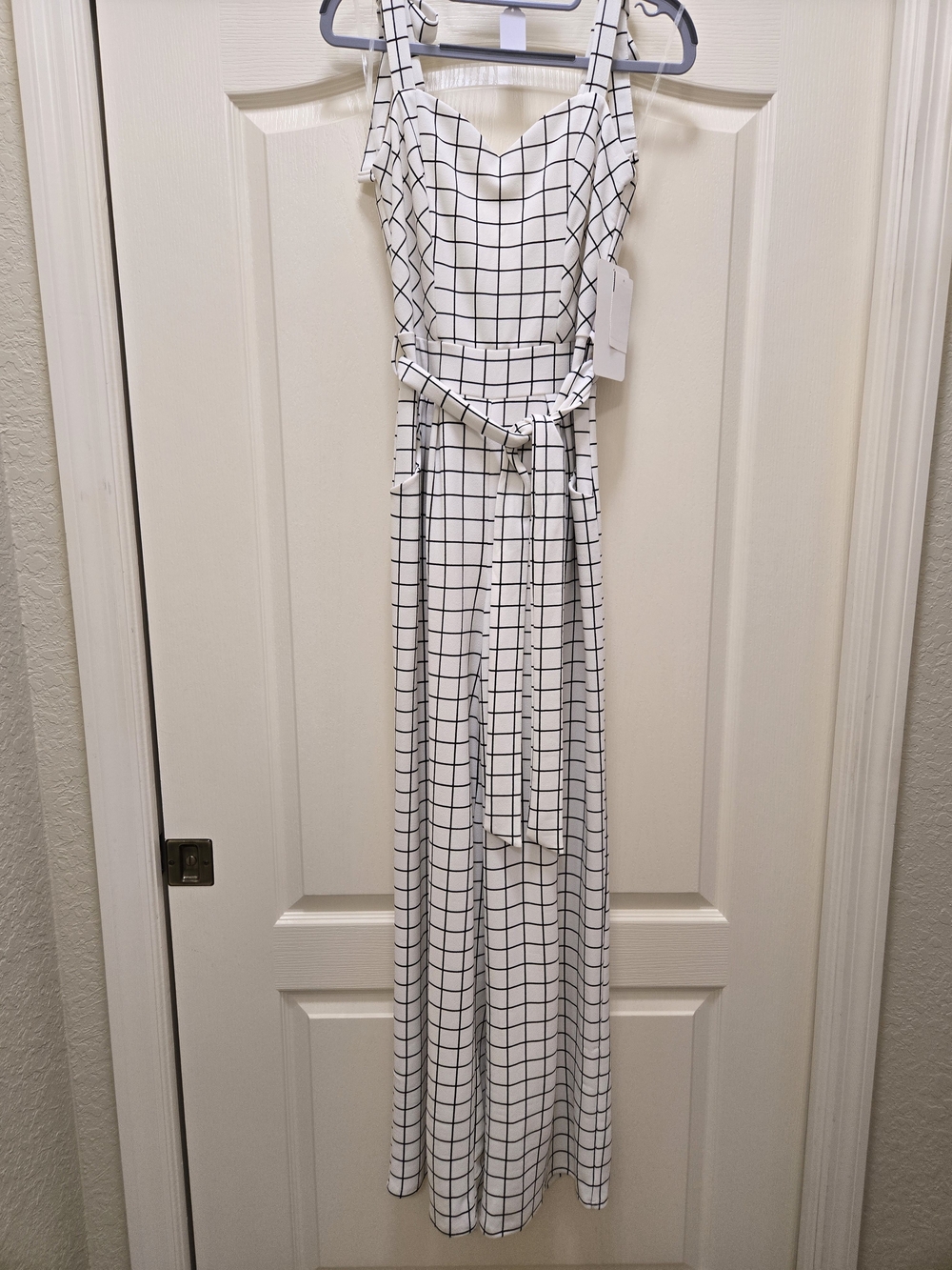 Honey and Rosie White Grid-Print Sleeveless Belted Jumpsuit